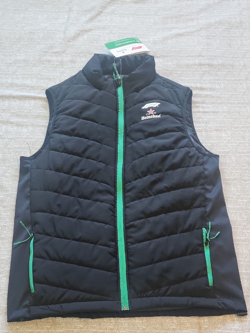 NWT Formula 1 Heineken Black Quilted Vest with Green Trim